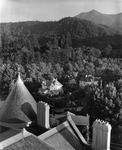 Ariel view of church where German Ashram was held showing surrounding forest and mountains